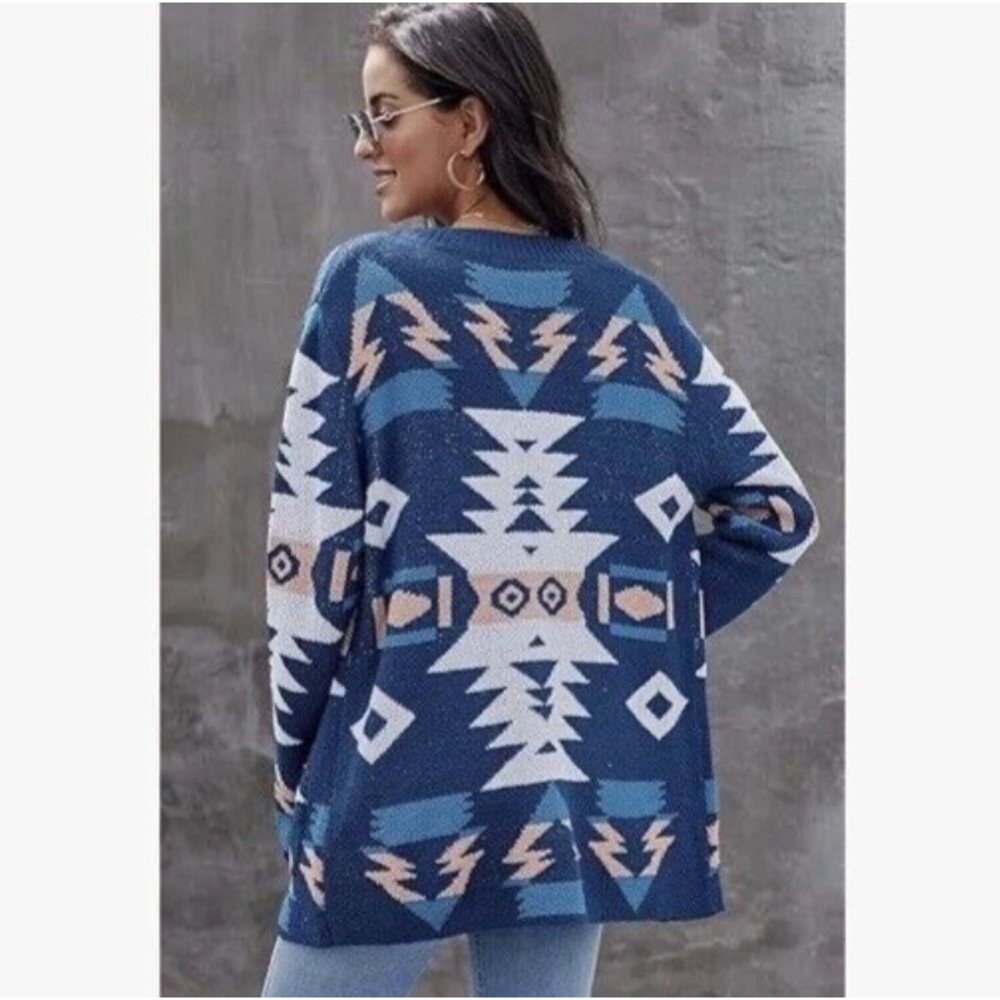 DAVI & DANI Aztec Oversized Long Navy and Cream Cardigan Sweater | Size L